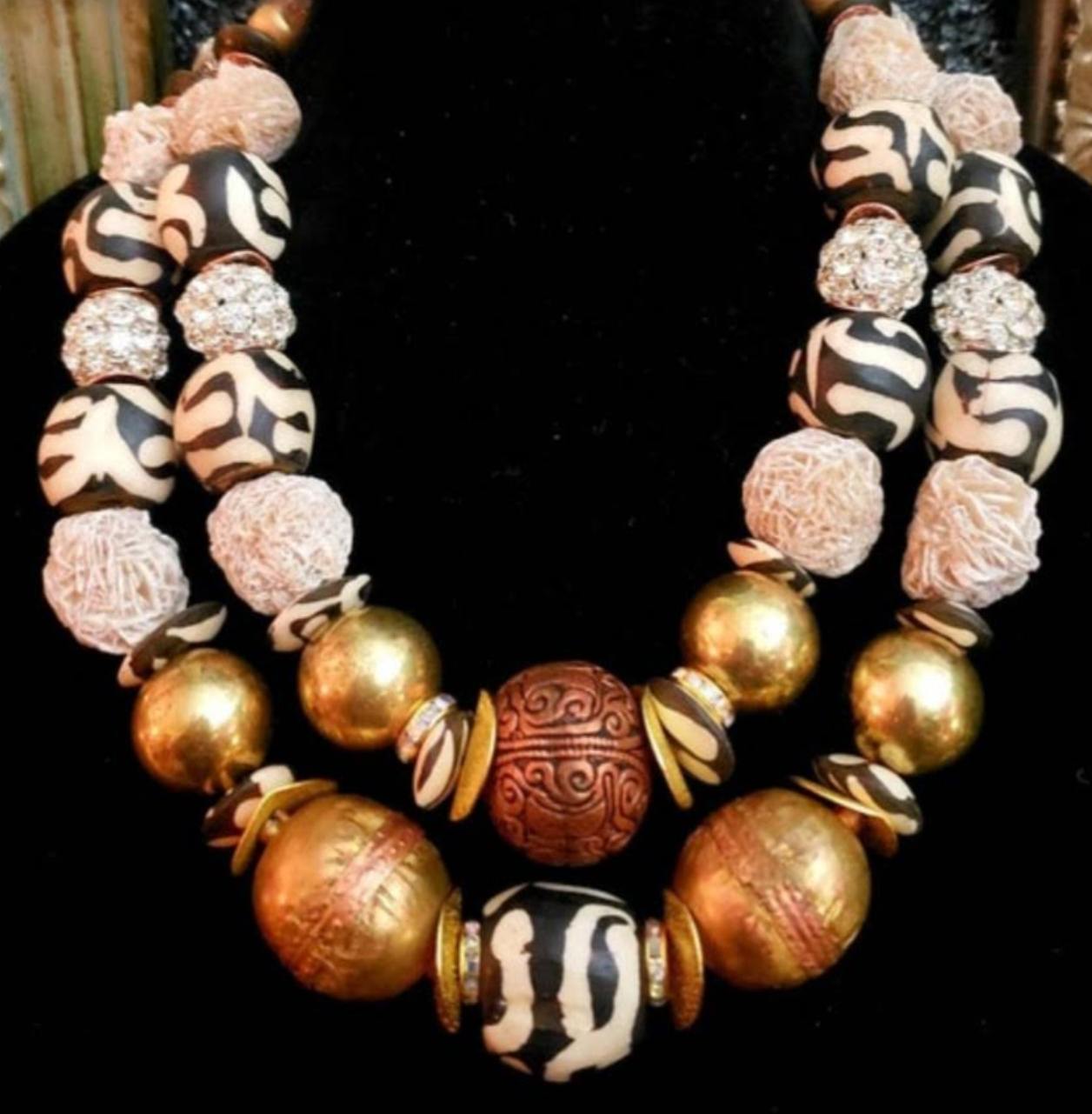 Fancy Beaded Bone Copper Brass & Desert Rose Summer Statement Necklace, High End Gold Copper White Socialite Jewelry, Bold Chunky Neck Candy