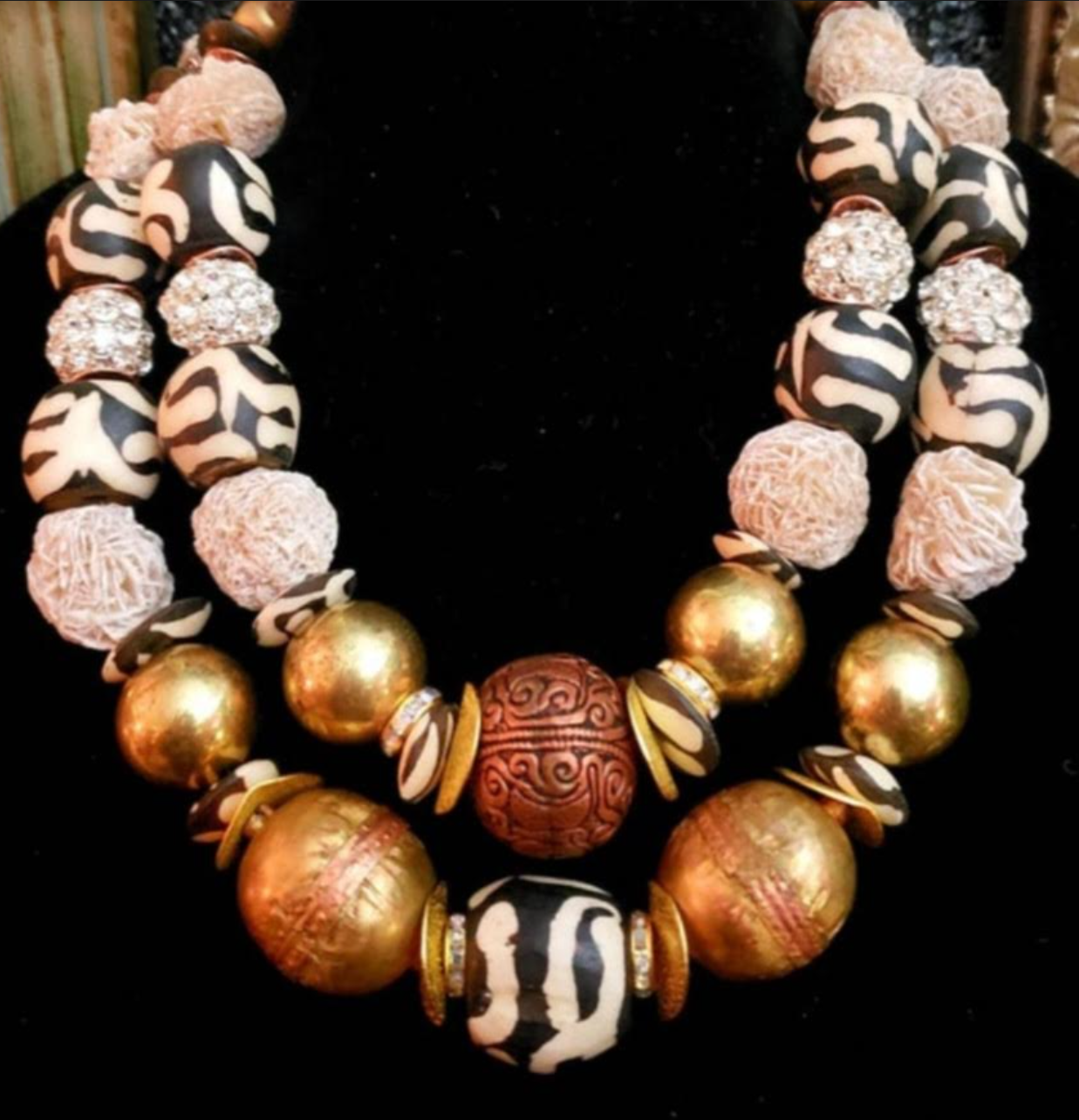 Fancy Beaded Bone Copper Brass & Desert Rose Summer Statement Necklace, High End Gold Copper White Socialite Jewelry, Bold Chunky Neck Candy