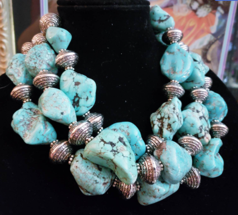 Multi Strand Magnesite Boulder Statement Necklace, Iris Apfel Inspired Western Neck Candy, Bold Chunky Blue Faux Turquoise Neck Piece