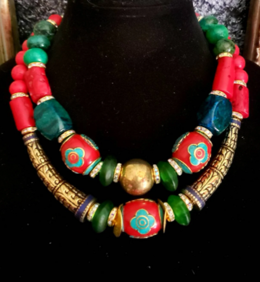 Tibetan Repousse Exotic Tribal Necklace Set, Red Blue Green Gold Art to Wear Neck Piece, Ethnic Beaded Torque