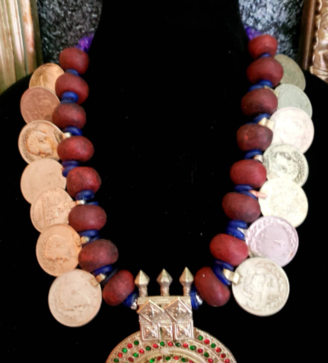 Waziri Domed Pendant Ethnic Chest Piece, Moroccan Resin Kuchi Coin Tribal Necklace, Jewelry Belly Dancer, Women of Color