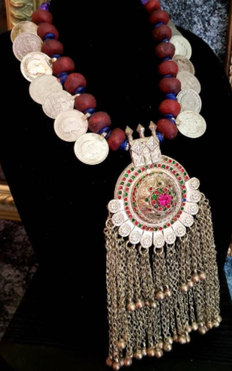 Waziri Domed Pendant Ethnic Chest Piece, Moroccan Resin Kuchi Coin Tribal Necklace, Jewelry Belly Dancer, Women of Color