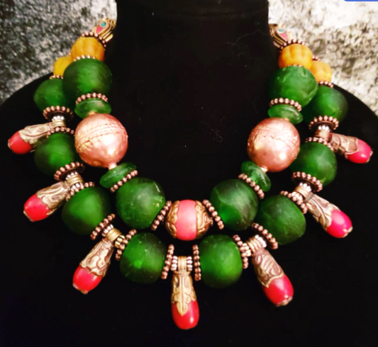 Red Green & Copper Tribal Beaded Double Strand Necklace, African Tibetan Ethnic Choker, Bold Chunky Heavy Ethnic Neck Piece