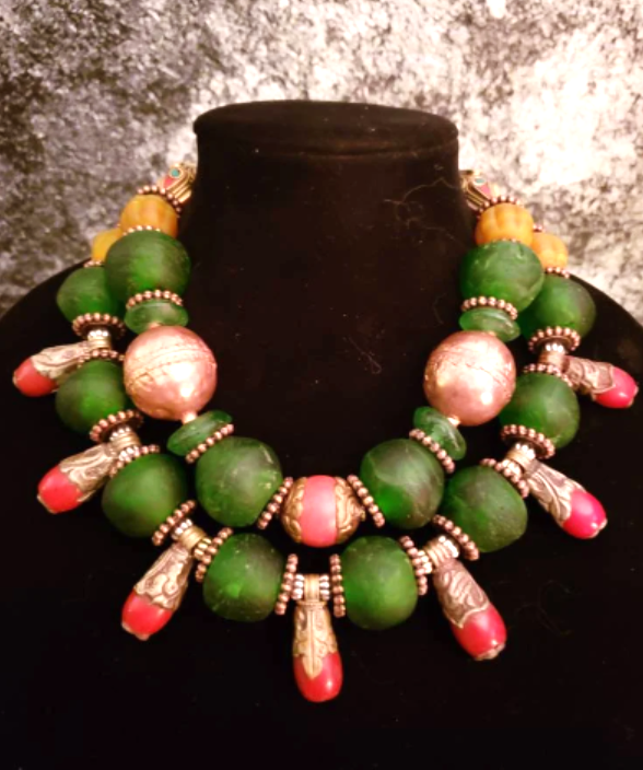 Red Green & Copper Tribal Beaded Double Strand Necklace, African Tibetan Ethnic Choker, Bold Chunky Heavy Ethnic Neck Piece