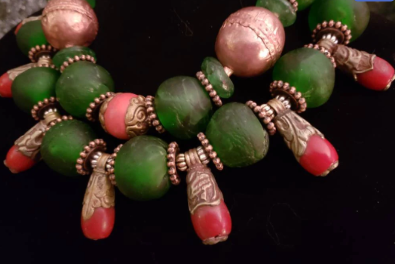 Red Green & Copper Tribal Beaded Double Strand Necklace, African Tibetan Ethnic Choker, Bold Chunky Heavy Ethnic Neck Piece