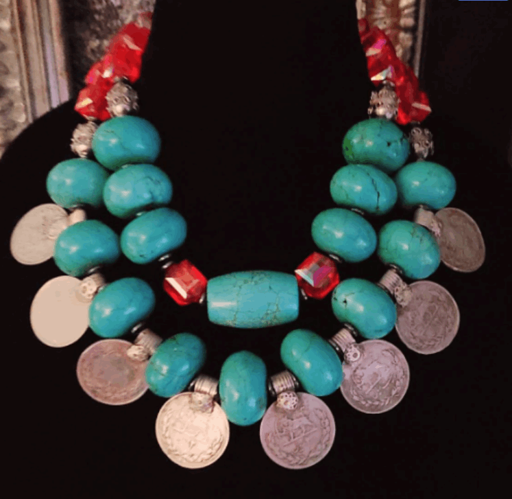 Bold Chunky Heavy Magnesite & Kuchi Coin Tribal Necklace, Red Blue Silver Oversized Beaded Ethnic Choker, Iris Apfel Style Jewelry