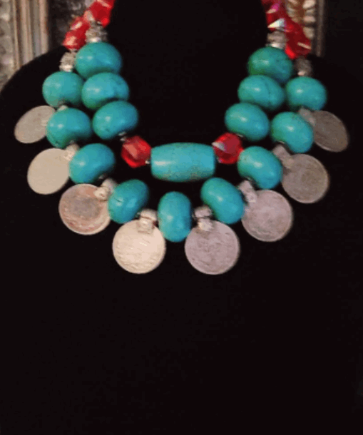 Bold Chunky Heavy Magnesite & Kuchi Coin Tribal Necklace, Red Blue Silver Oversized Beaded Ethnic Choker, Iris Apfel Style Jewelry