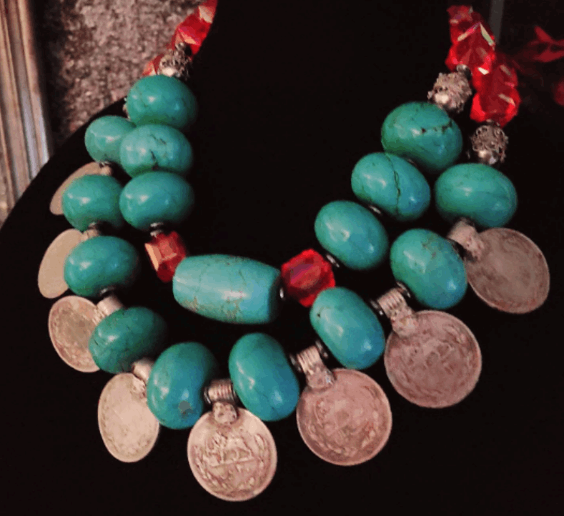 Bold Chunky Heavy Magnesite & Kuchi Coin Tribal Necklace, Red Blue Silver Oversized Beaded Ethnic Choker, Iris Apfel Style Jewelry