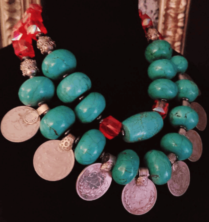 Bold Chunky Heavy Magnesite & Kuchi Coin Tribal Necklace, Red Blue Silver Oversized Beaded Ethnic Choker, Iris Apfel Style Jewelry