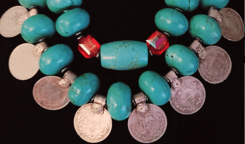 Bold Chunky Heavy Magnesite & Kuchi Coin Tribal Necklace, Red Blue Silver Oversized Beaded Ethnic Choker, Iris Apfel Style Jewelry