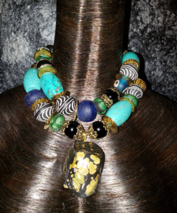 Haute Couture Western Style Spiderweb Turquoise Jumbo Beaded Choker, Blue Green Mixed Media Statement Necklace,
