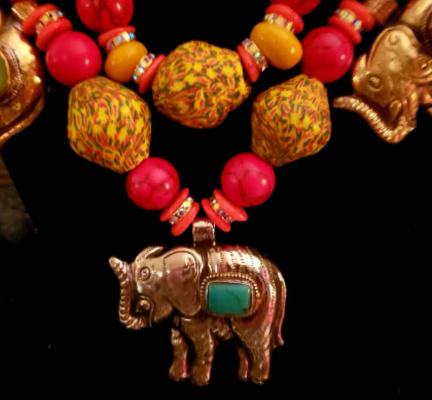 Tibetan Repousse Elephant Chest Piece Unisex, Red & Yellow Oversized African Beaded Breastplate, Summer Jewelry Women of Color