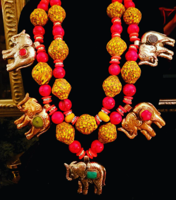 Tibetan Repousse Elephant Chest Piece Unisex, Red & Yellow Oversized African Beaded Breastplate, Summer Jewelry Women of Color