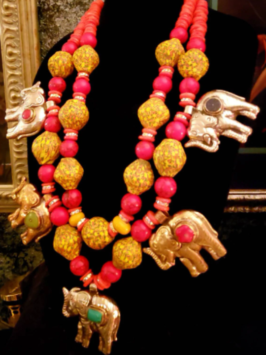 Tibetan Repousse Elephant Chest Piece Unisex, Red & Yellow Oversized African Beaded Breastplate, Summer Jewelry Women of Color