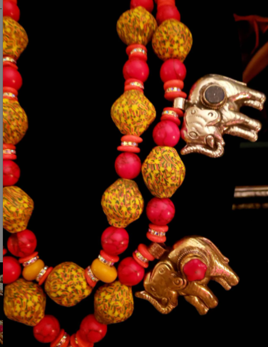 Tibetan Repousse Elephant Chest Piece Unisex, Red & Yellow Oversized African Beaded Breastplate, Summer Jewelry Women of Color