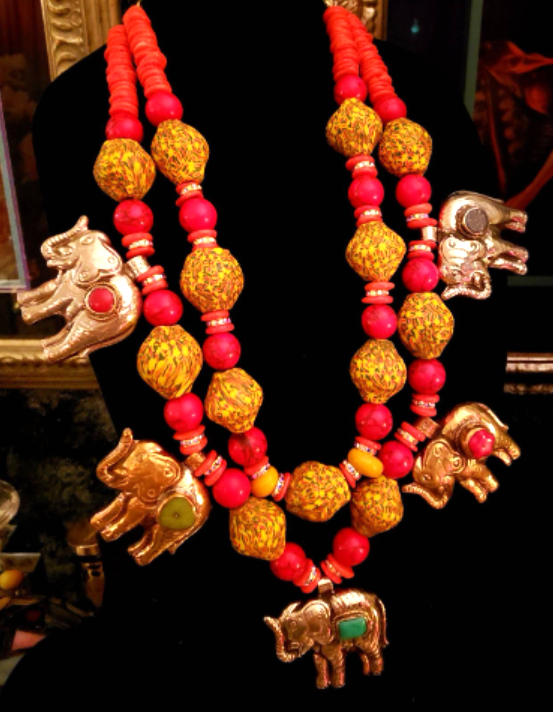 Tibetan Repousse Elephant Chest Piece Unisex, Red & Yellow Oversized African Beaded Breastplate, Summer Jewelry Women of Color