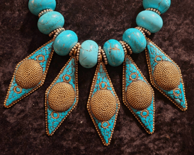 Blue Magnesite Rondelle and Tibetan Repousse Statement Choker, Mosaic Turquoise Diamond & Brass Chest Piece, Luxury Artisan Tribal Breastplate