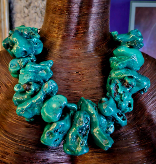 Teal Green Blue Rough Coral Nugget Statement Necklace, Exotic Seashell Summer Choker, Chunky Haute Couture Tropical Vacation Neck Candy