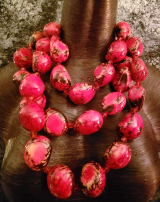 Rare Pink & Black Tagua Nut Multi Strand Necklace, Bold Chunky Sustainable Seed Chest Piece, Runway Ready Haute Couture Neck Candy