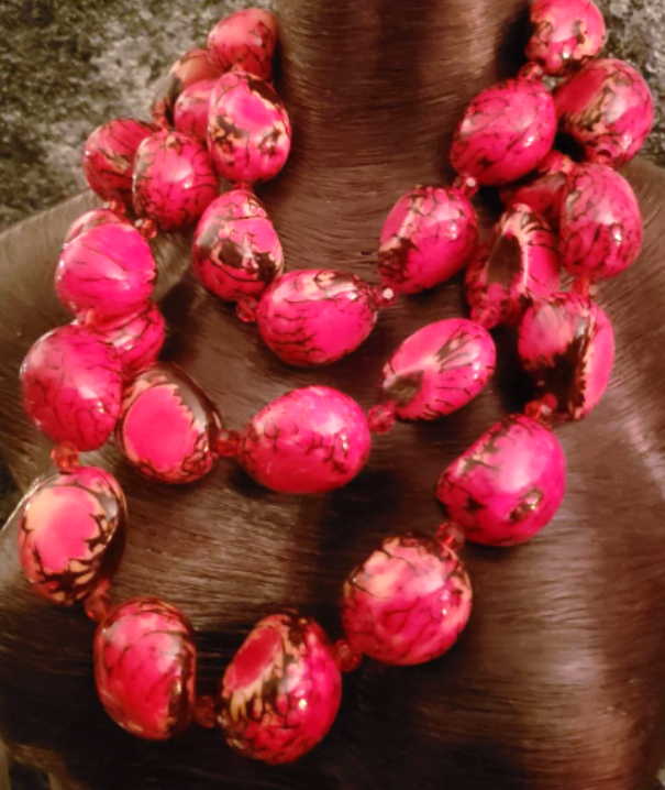 Rare Pink & Black Tagua Nut Multi Strand Necklace, Bold Chunky Sustainable Seed Chest Piece, Runway Ready Haute Couture Neck Candy