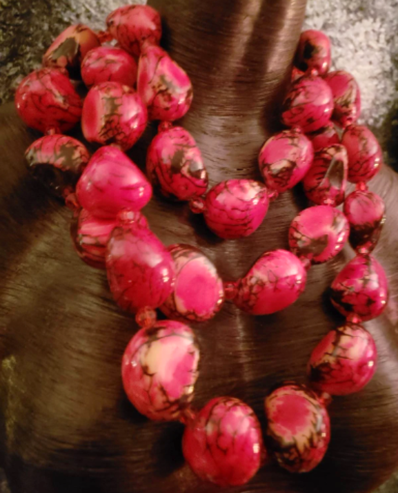 Rare Pink & Black Tagua Nut Multi Strand Necklace, Bold Chunky Sustainable Seed Chest Piece, Runway Ready Haute Couture Neck Candy