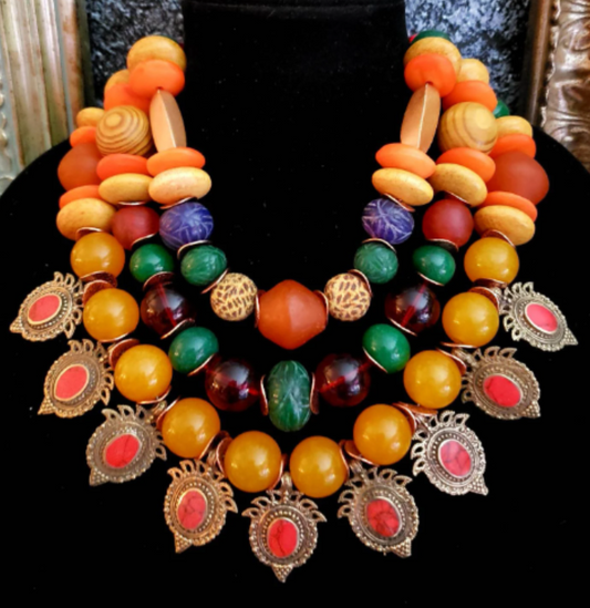 Mixed Media Multi Strand Orange Gold & Red Tribal Necklace Petite Women, Kuchi Turkman Summer Choker, Exotic and Wild Socialite Neck Piece