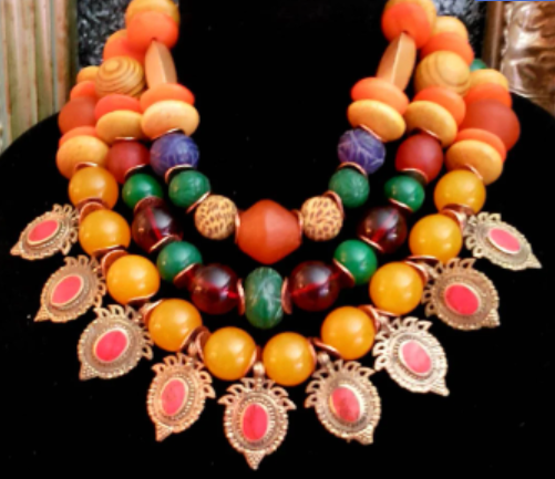 Mixed Media Multi Strand Orange Gold & Red Tribal Necklace Petite Women, Kuchi Turkman Summer Choker, Exotic and Wild Socialite Neck Piece