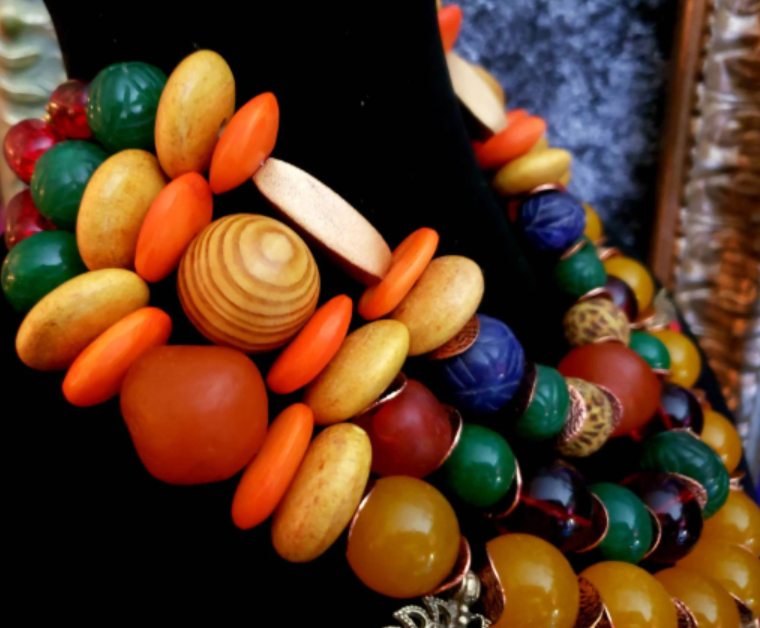 Mixed Media Multi Strand Orange Gold & Red Tribal Necklace Petite Women, Kuchi Turkman Summer Choker, Exotic and Wild Socialite Neck Piece