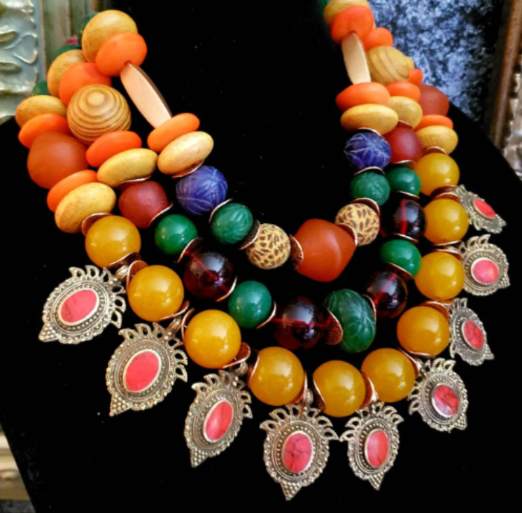 Mixed Media Multi Strand Orange Gold & Red Tribal Necklace Petite Women, Kuchi Turkman Summer Choker, Exotic and Wild Socialite Neck Piece