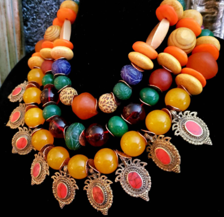 Mixed Media Multi Strand Orange Gold & Red Tribal Necklace Petite Women, Kuchi Turkman Summer Choker, Exotic and Wild Socialite Neck Piece