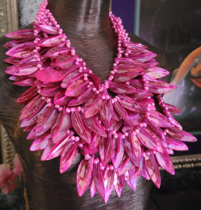 Hot Pink Abalone Shell Leaf Chest Piece, Bold Dramatic Fuchsia Mother of Pearl Bib for Women, Catwalk Jewelry