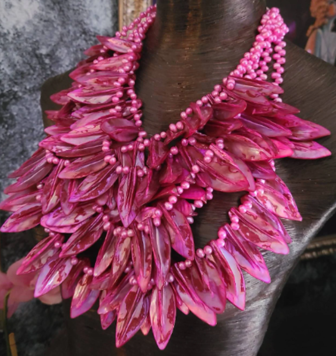 Hot Pink Abalone Shell Leaf Chest Piece, Bold Dramatic Fuchsia Mother of Pearl Bib for Women, Catwalk Jewelry