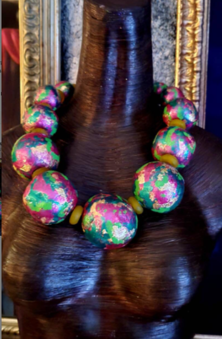 Metallic Pink Green & Gold Huge Hand Sculpted Beaded Necklace, Massive Orb Statement Necklace, Iris Apfel Inspired Neck Candy