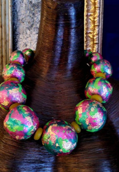 Metallic Pink Green & Gold Huge Hand Sculpted Beaded Necklace, Massive Orb Statement Necklace, Iris Apfel Inspired Neck Candy