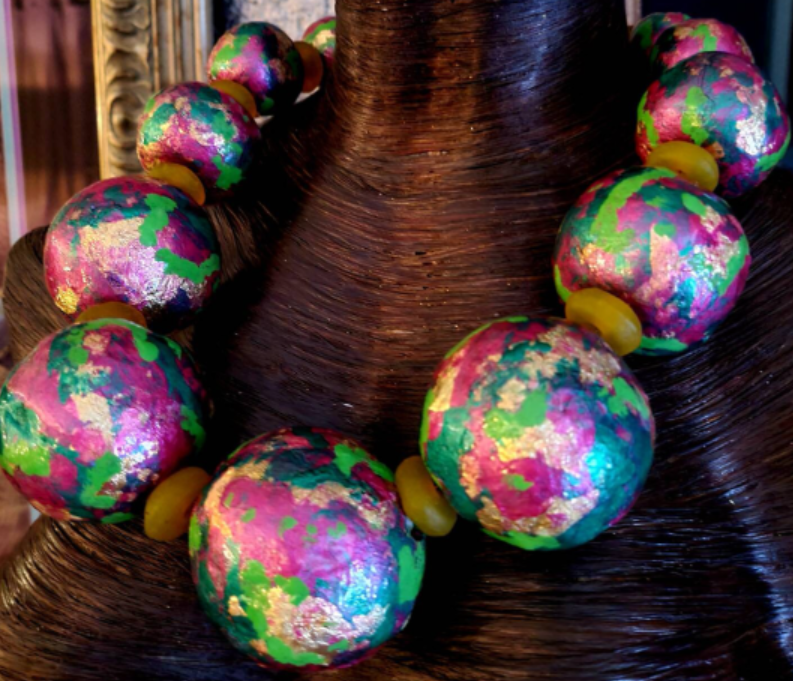 Metallic Pink Green & Gold Huge Hand Sculpted Beaded Necklace, Massive Orb Statement Necklace, Iris Apfel Inspired Neck Candy