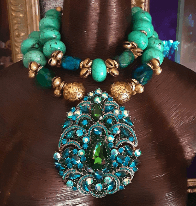 Beaded Oversized Choker Magnesite Blue Green Art Deco Rhinestone Pendant Hollywood Glamour Jewelry Bridal Luxe Diamante Bling Katkouture