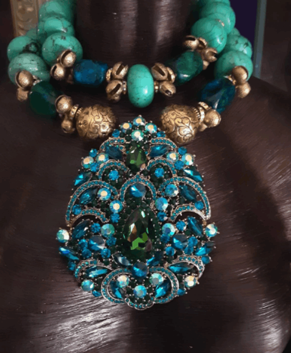 Beaded Oversized Choker Magnesite Blue Green Art Deco Rhinestone Pendant Hollywood Glamour Jewelry Bridal Luxe Diamante Bling Katkouture