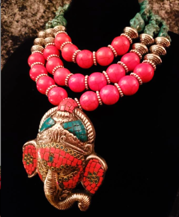 Tribal Necklace Hindu God Coral Turquoise Statement Pendant Ganesh Choker Elephant Bold Chunky Heavy Red Blue Green RARE