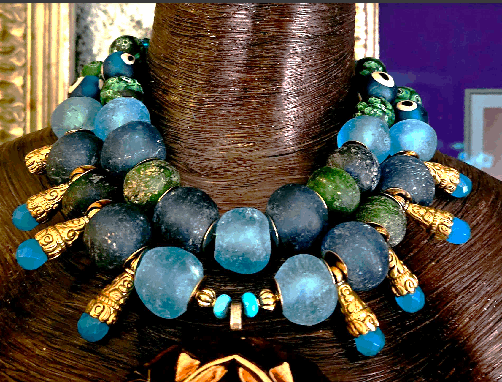 Incredible Blue & Black Wood Statement Necklace With Hand Carved Clasp -  Ruby Lane