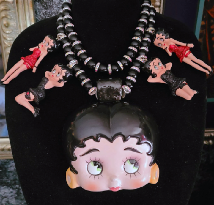 Vintage Betty Boop Statement Pendant, Femme Fatale Cartoon Character Necklace, Whimsical Jewelry Bib, Fleischer Heroine