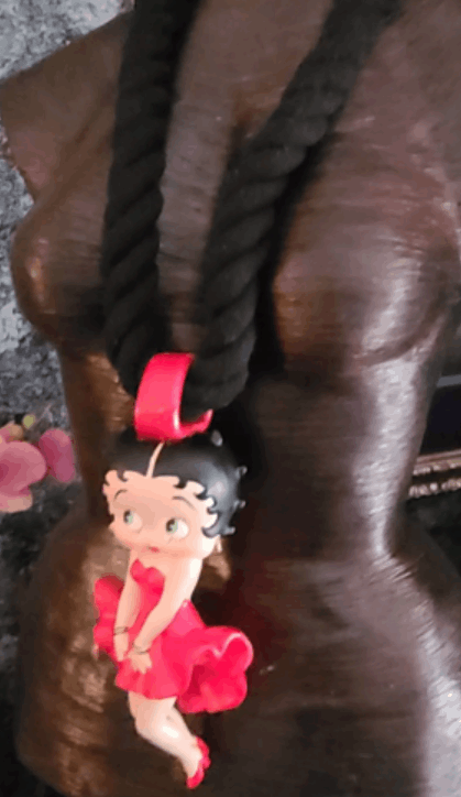Betty Boop Femme Fatale Pendant With Thick Black Rope, Whimsical Funky Cartoon Vamp Chest Piece, Lagenlook Jewelry