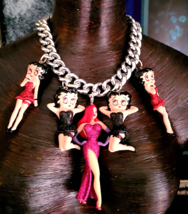 Femme Fatale Figurine Statement Necklace, Betty Boop & Jessica Rabbit Neck Candy, Cartoon Character Silver Chain Choker