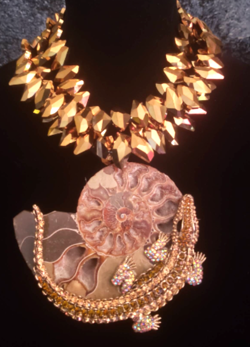 Statement Pendant Ammonite Druzy Fossil & Crocodile Rhinestone, Multi Strand Necklace Bronze Metallic Crystal, Choker Gold Diamante Alligator