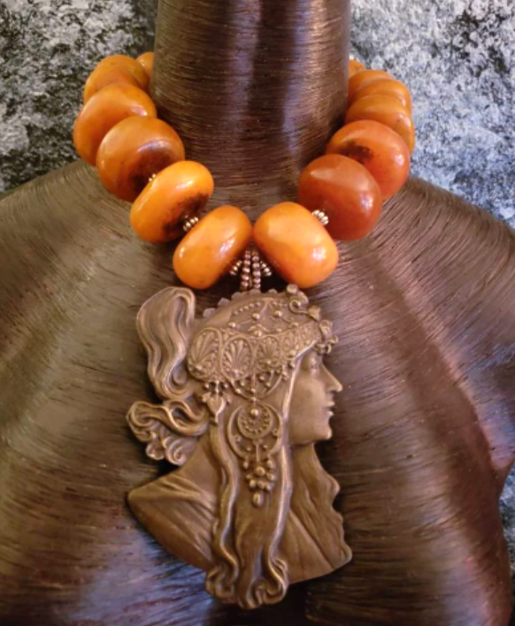 Statement Necklace Tribal Moroccan Resin Big Beaded, Pendant Art Nouveau Mucha Woman Bronze, Artisan Jewelry High End
