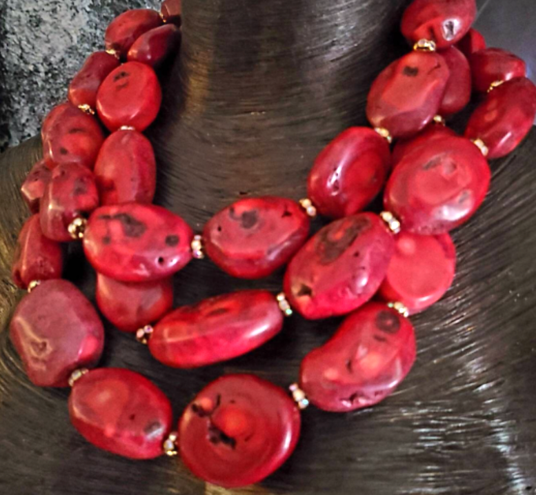 Statement Necklace Multi Strand Red Coral Ovals, Choker Luxury Shell Bold Chunky Heavy Dramatic, Jewelry Summer Haute Couture