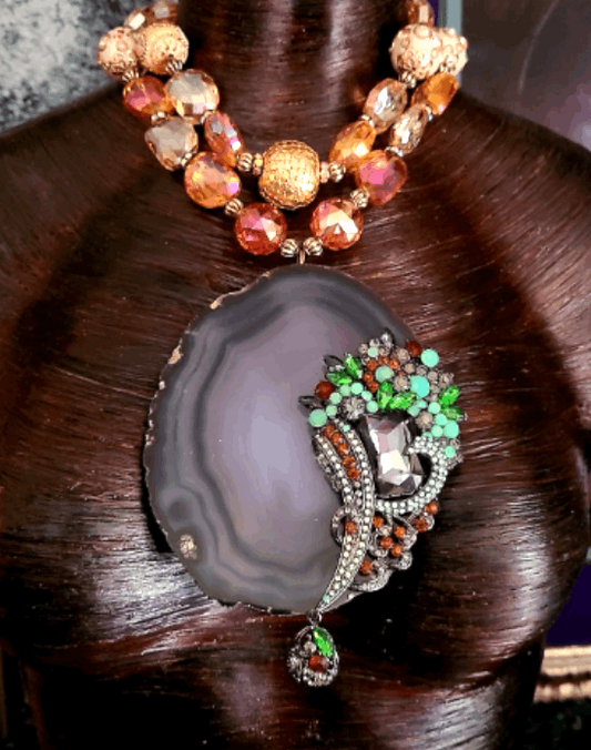 Agate Pendant Huge Floral Rhinestone Art Nouveau Statement Necklace Luxury Beaded Crystal Wedding Bridal Venue Mother of the Bride