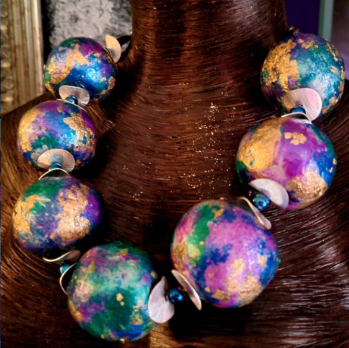 Statement Necklace Beaded Sculpted Massive Orbs Jewel Tone Neck Piece Artisan OOAK Wearable Art Catwalk Photoshoot