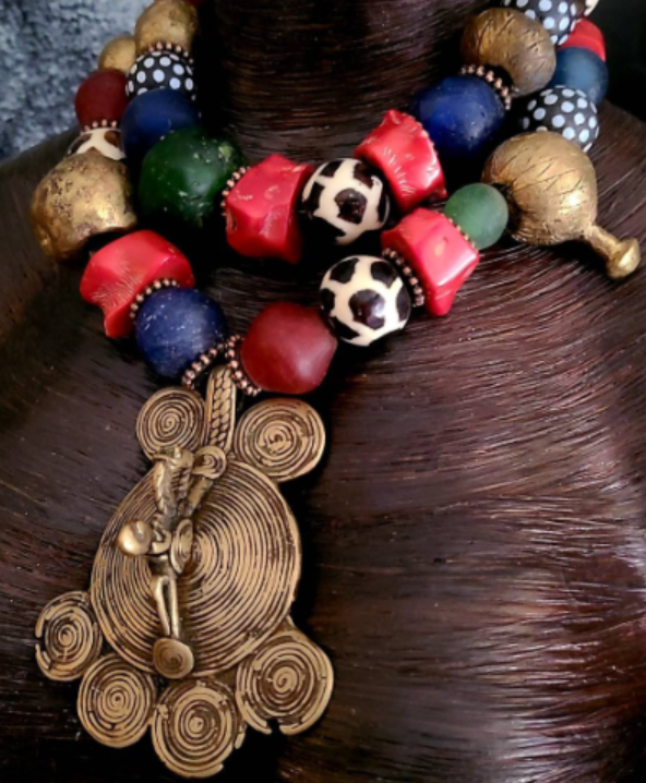 Tribal Statement Pendant Warrior Ethnic Necklace African Multi Strand Mixed Media Bold Chunky Heavy People of Color