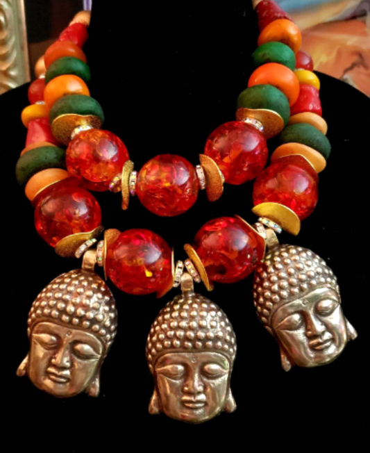 Statement Necklace Tribal Oversized Red Green Orange Silver Ethnic Neck Piece Mixed Media Tibetan Amber Buddha Heads