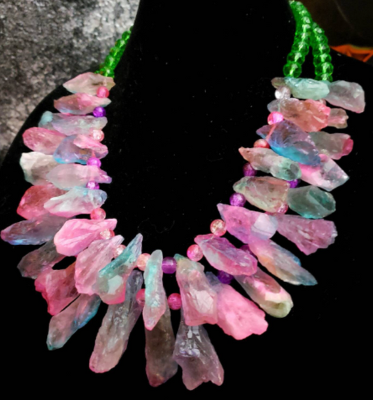 Statement Luxury Necklace Gemstone Crystal Raw Rough Bib Druzy Pink Bl